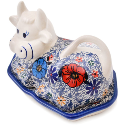 Polish Pottery Cow Shaped Butter Dish Flowers In The River