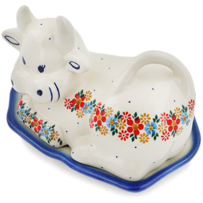 Polish Pottery Cow Shaped Butter Dish Flowers In The Spring UNIKAT