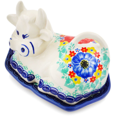 Polish Pottery Cow Shaped Butter Dish Mint Cluster