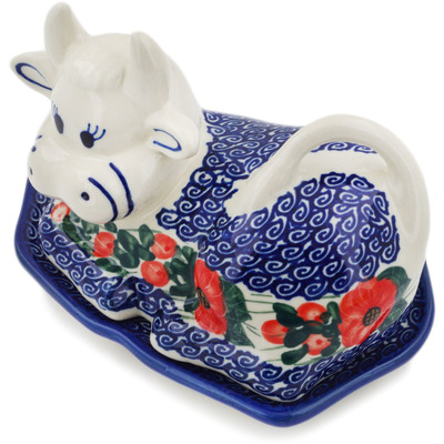 Polish Pottery Cow Shaped Butter Dish Perfect Poppies