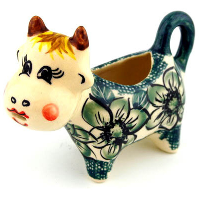 Polish Pottery Cow Shaped Creamer 2 oz Gratuitous Greens UNIKAT