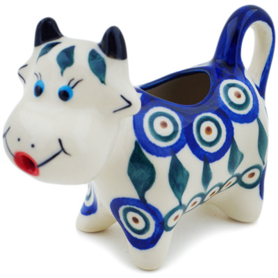 Polish Pottery Cow Shaped Creamer 2 oz Peacock Petal Wheel UNIKAT