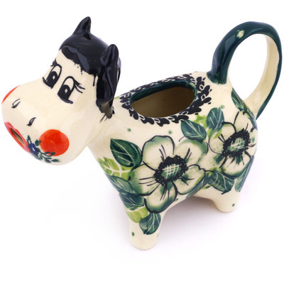 Polish Pottery Cow Shaped Creamer 5 oz Green Bouquet UNIKAT