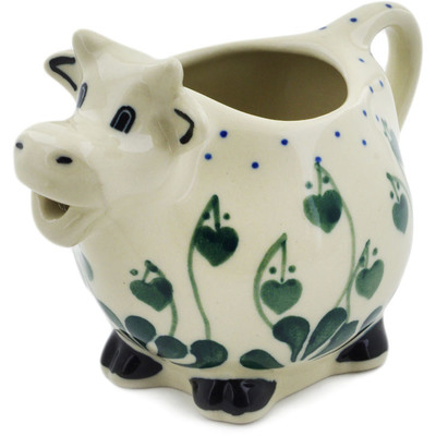 Polish Pottery Cow Shaped Creamer 6 oz Bleeding Heart Peacock