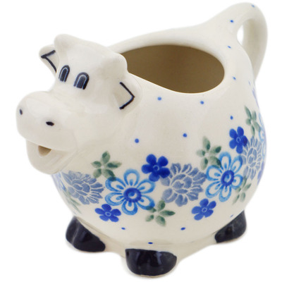 Polish Pottery Cow Shaped Creamer 6 oz Light Blue Lace