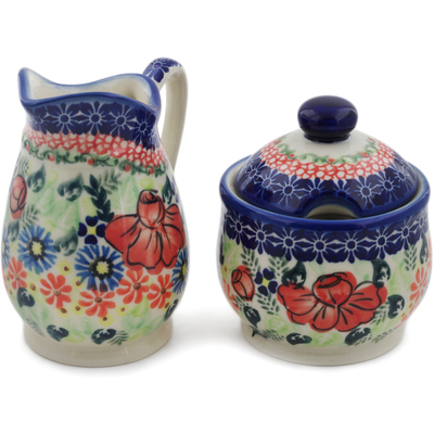 Polish Pottery Cream &amp; Sugar Set Bold Poppies UNIKAT