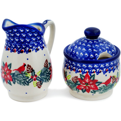 Polish Pottery Cream &amp; Sugar Set Cardinal&#039;s Home UNIKAT