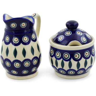 Polish Pottery Cream &amp; Sugar Set Peacock