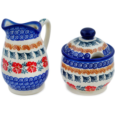 Polish Pottery Cream &amp; Sugar Set Red Cornflower