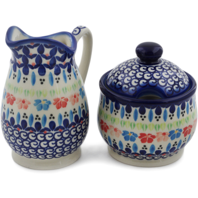 Polish Pottery Cream &amp; Sugar Set Spring Flowers