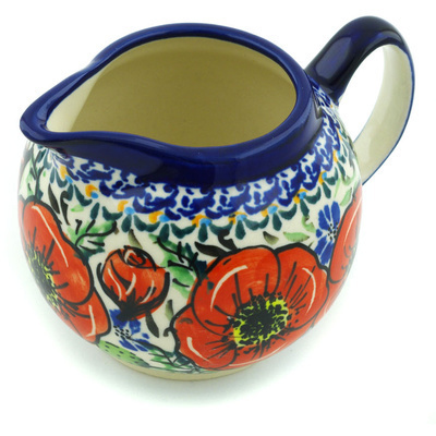 Polish Pottery Creamer 10 oz Bursts Of Red UNIKAT