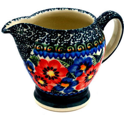 Polish Pottery Creamer 5 oz Blue And Red Poppies UNIKAT