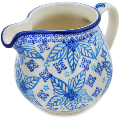 Polish Pottery Creamer 8 oz Blue Poinsettia UNIKAT