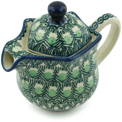 Polish Pottery Creamer with Lid 12 oz Gorgeous Peacock Feather