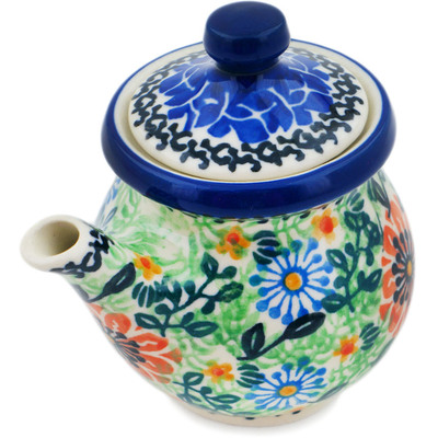 Polish Pottery Creamer with Lid 5 oz Peach Daisies UNIKAT