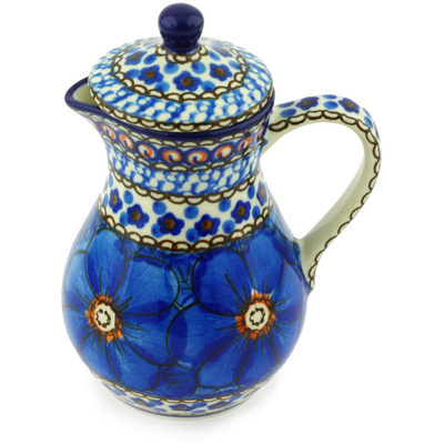 Polish Pottery Creamer with Lid 8 oz Cobalt Poppies UNIKAT