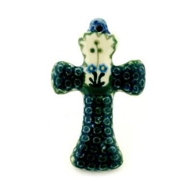 Polish Pottery Cross 3&quot; Blue Daisy Circle