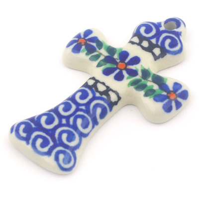 Polish Pottery Cross 3&quot; Blue Daisy Swirls