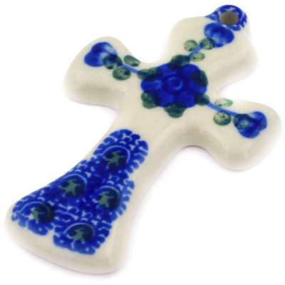 Polish Pottery Cross 3&quot; Blue Poppies