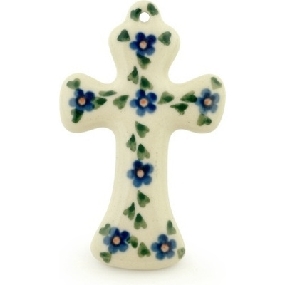 Polish Pottery Cross 3&quot; Forget Me Nots