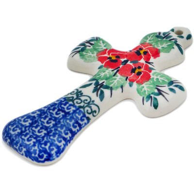 Polish Pottery Cross 5&quot; Red Pansy