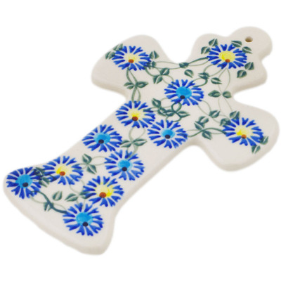 Polish Pottery Cross 7&quot; Blue Thistle Beauty