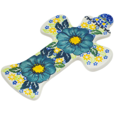 Polish Pottery Cross 7&quot; Cadet Blue Flowers UNIKAT