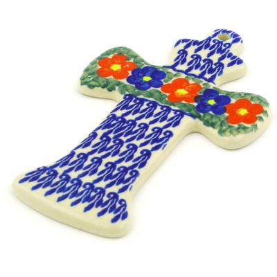 Polish Pottery Cross 7&quot; Floral Burst