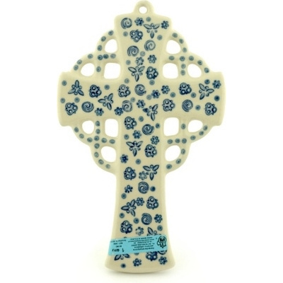 Polish Pottery Cross 9&quot; Blue Confetti