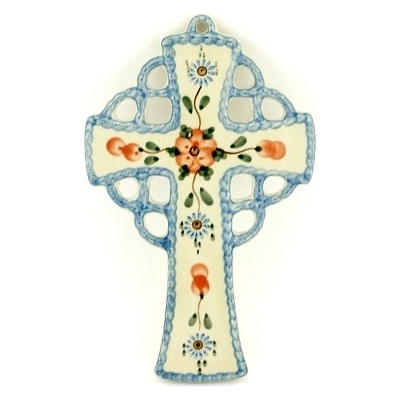 Polish Pottery Cross 9&quot; Cherry Blossoms