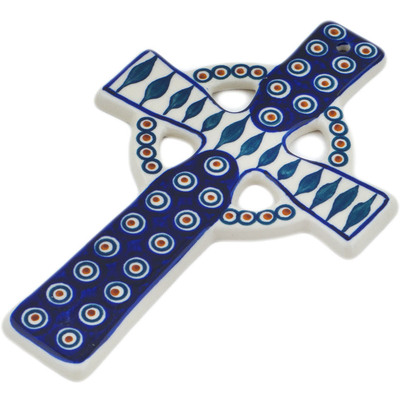 Polish Pottery Cross 9&quot; Peacock Leaves