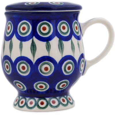 Polish Pottery Cup 10 oz Peacock Leaves