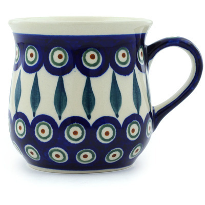 Polish Pottery Cup 10 oz Peacock Leaves