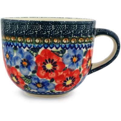 Polish Pottery Cup 13 oz Blue And Red Poppies UNIKAT