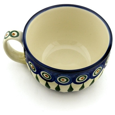 Polish Pottery Cup 13 oz Peacock Leaves