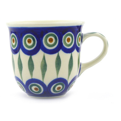 Polish Pottery Cup 6 oz Peacock Leaves