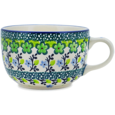 Polish Pottery Cup 9 oz Green Chrysanthemums UNIKAT