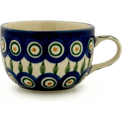 Polish Pottery Cup 9 oz Peacock Leaves
