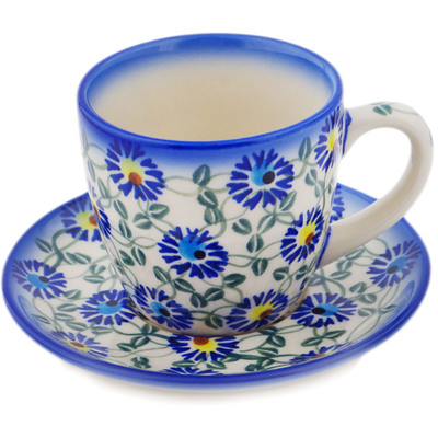 Polish Pottery Cup w/Saucer Blue Thistle Beauty