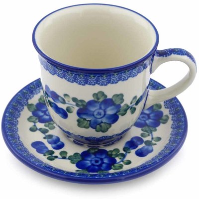 Polish Pottery Cup with Saucer 10 oz Blue Poppies