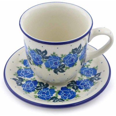 Polish Pottery Cup with Saucer 10 oz Blue Rose