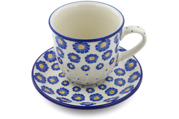 Polish Pottery Cup  with Saucer  10 oz  Blue Zinnia