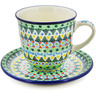 Polish Pottery Cup with Saucer 10 oz Christmas Forest UNIKAT