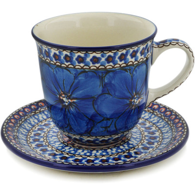 Polish Pottery Cup with Saucer 10 oz Cobalt Poppies UNIKAT