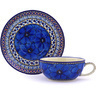 Polish Pottery Cup with Saucer 10 oz Cobalt Poppies UNIKAT