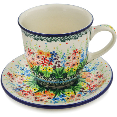Polish Pottery Cup with Saucer 10 oz Colors Of The Wind UNIKAT