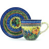 Polish Pottery Cup with Saucer 10 oz Copper Rose Meadow UNIKAT