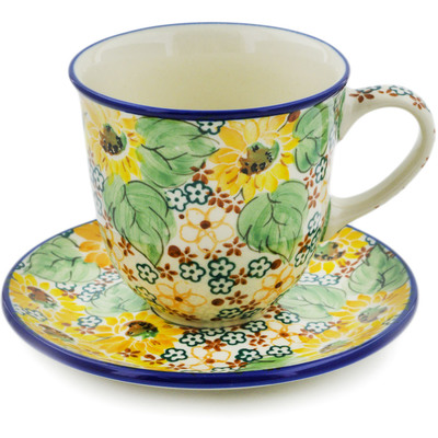 Polish Pottery Cup with Saucer 10 oz Country Sunflower UNIKAT