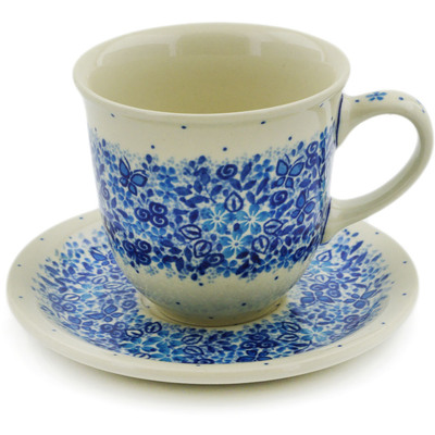 Polish Pottery Cup with Saucer 10 oz Delicate Blue UNIKAT