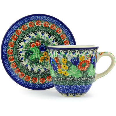 Polish Pottery Cup with Saucer 10 oz Divinity UNIKAT